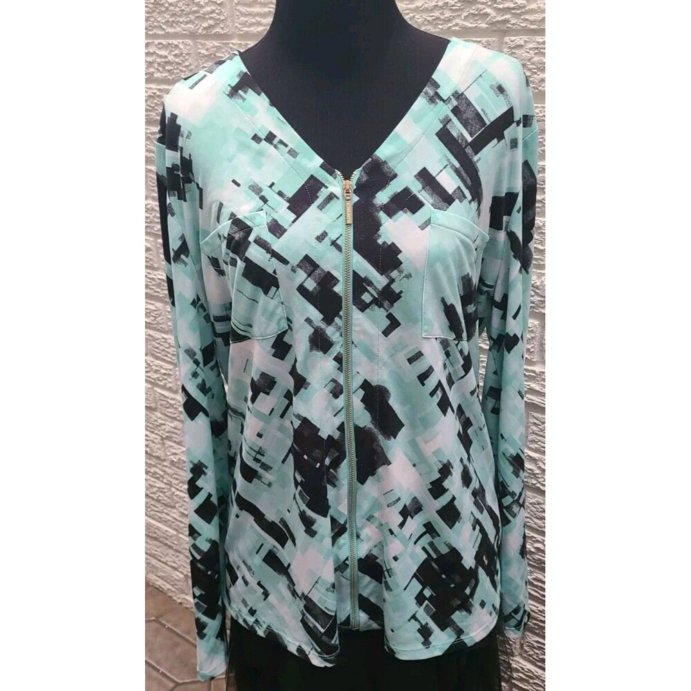 Ellen Tracy Top Womans Large Blue Black White L Sleeve Blouse zip Front